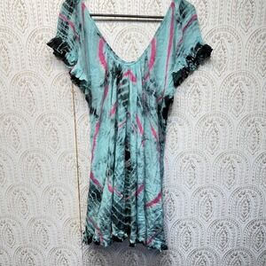 Sacred Threads Tunic Dress Womens Small Blue Pink Tie Dye Ruffle Boho